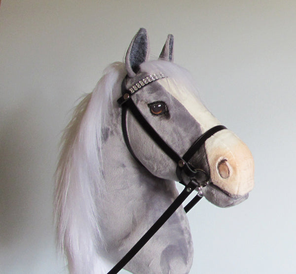 Grey and white Hobby Horse. Removable leather bridle with sparkly diamante browband