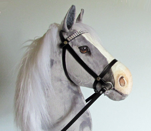 Grey and white Hobby Horse. Removable leather bridle with sparkly diamante browband