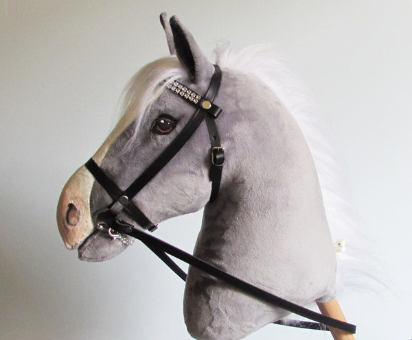 Grey and white Hobby Horse. Removable leather bridle with sparkly diamante browband